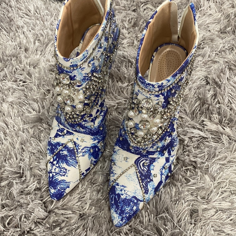 Azalea Wang blue white sequin ankle bootie (bought at akira)